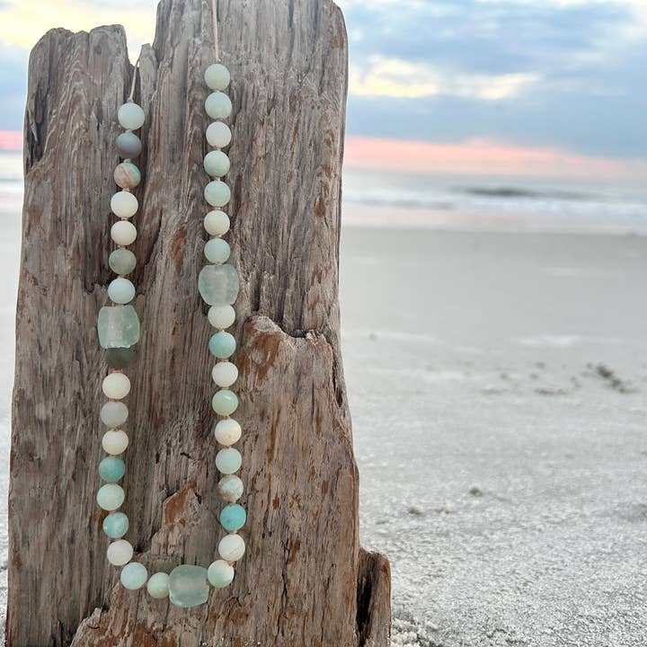 River Of Humanity - Wholesale Beaded/Pearl Necklace - Amazonite and Recycled Glass Adjustable Beaded Necklace