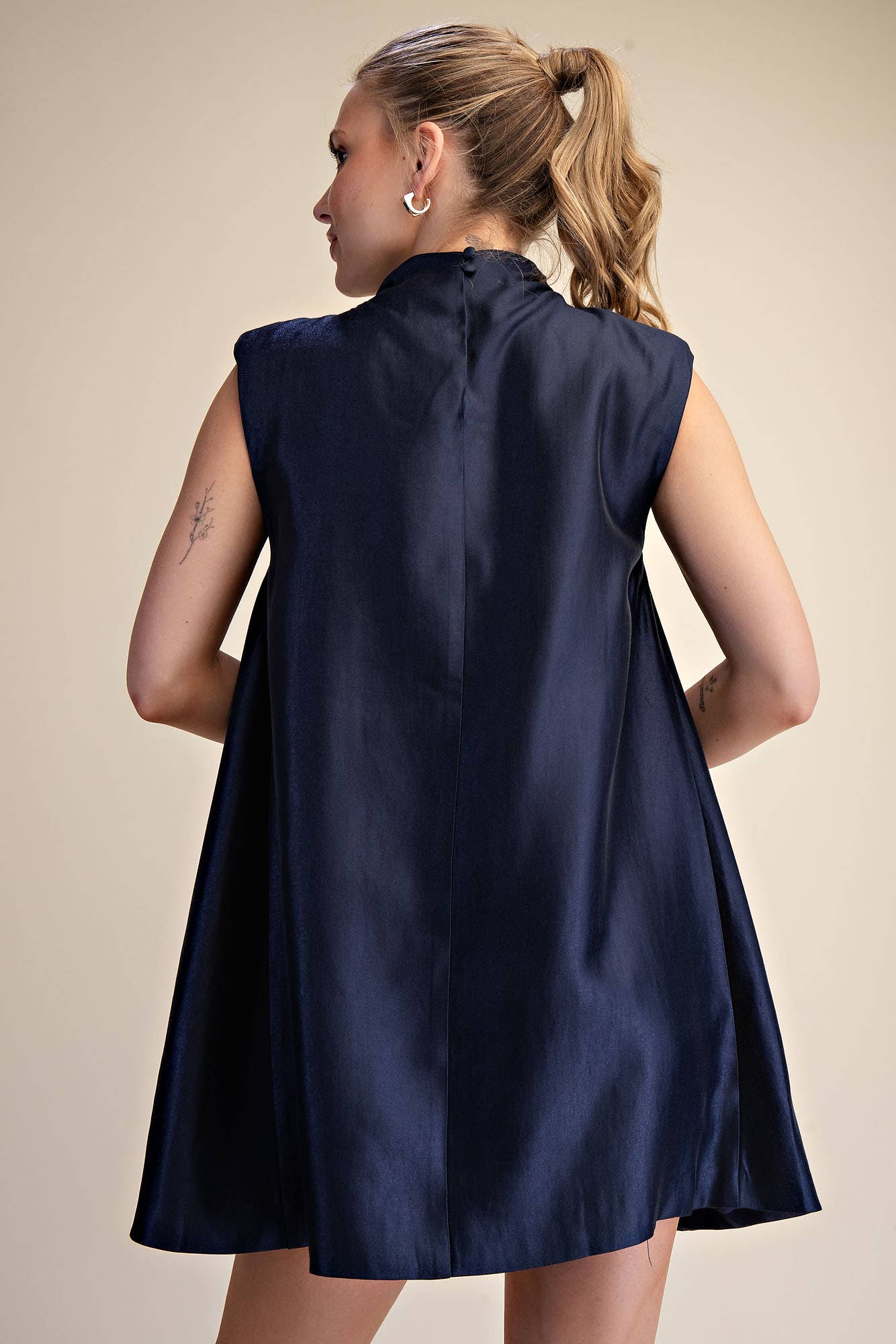 Glam - Wholesale Dress - Women's - Sleeveless Shoulder Pad Gathered Detail Mini Dress4