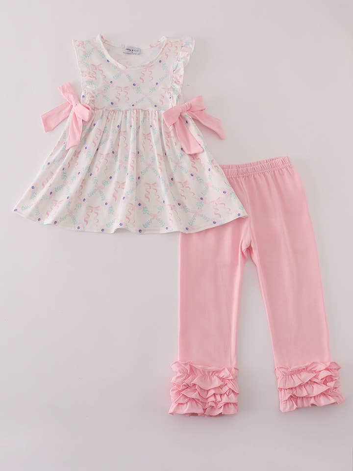 Pink floral bow print ruffle pants set for wholesale by Mom & Co.
