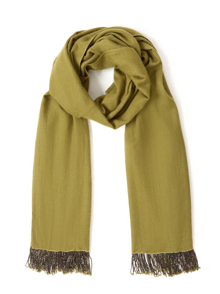 Khaki Pashmina-Schal mit Perlenquasten für den Großhandel von Aftershock London