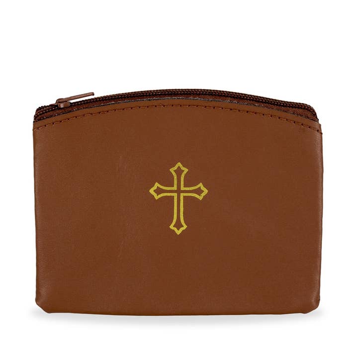 Brown Genuine Leather Zipper Rosary Pouch Gold Cross for wholesale by RM Trading