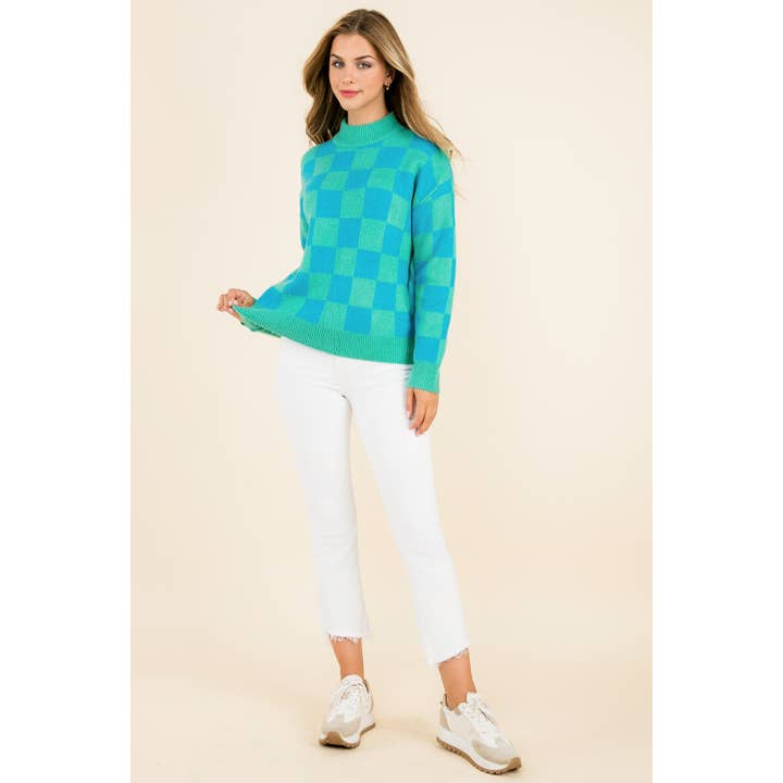 THML - Wholesale Knit Sweater - Women's - Mock Neck Checkered Sweater12