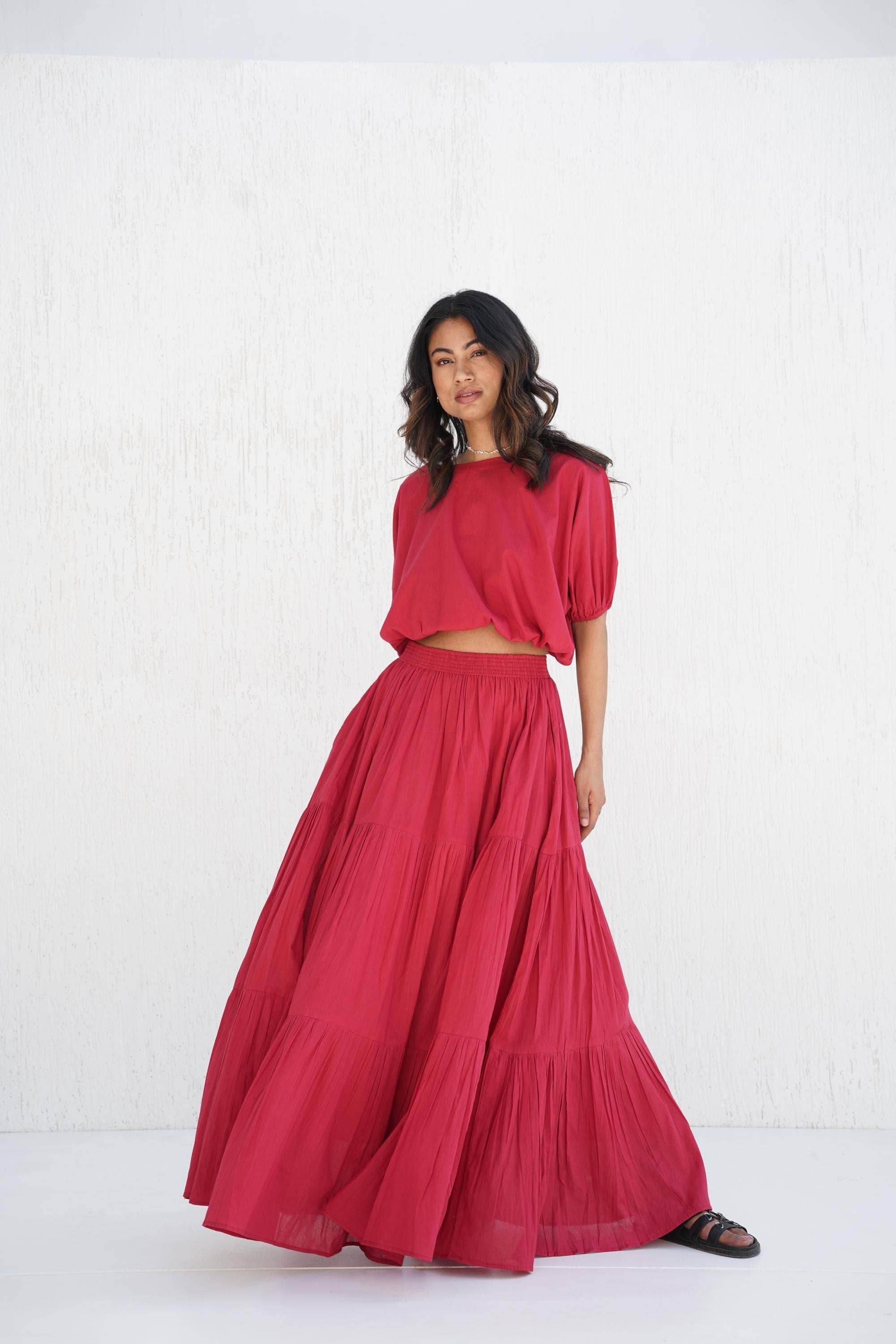 Tailor Didi – Conjunto de top e saia - Mulher por atacado – Conjunto de Saia Maxi Boho de Algodão em Camadas e Top Curto com Decote Cano.2