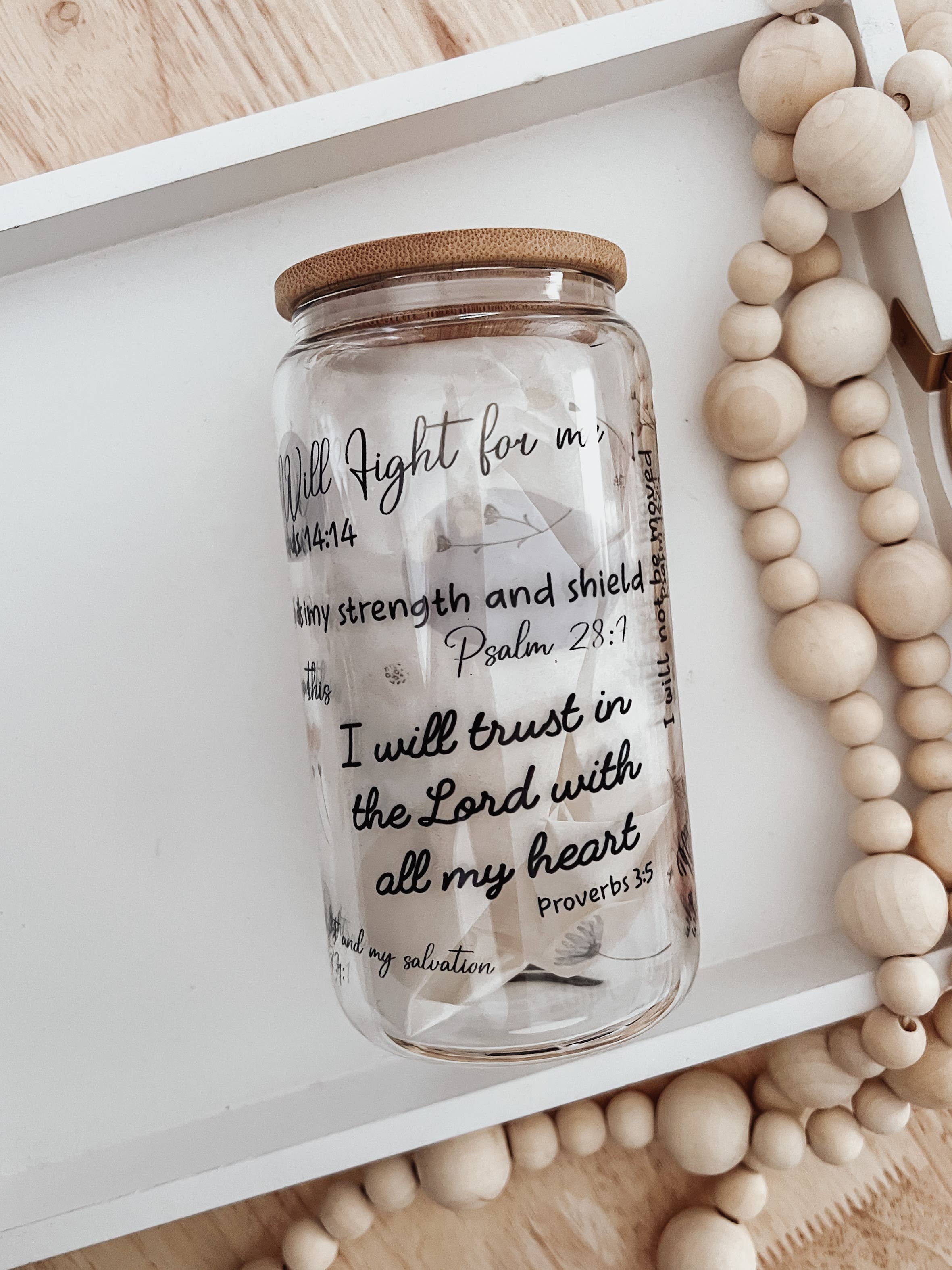 Emma K Designs - Wholesale Drinking Glass/Cup - Christian Affirmation 16oz Glass Cup with Bamboo Lid0