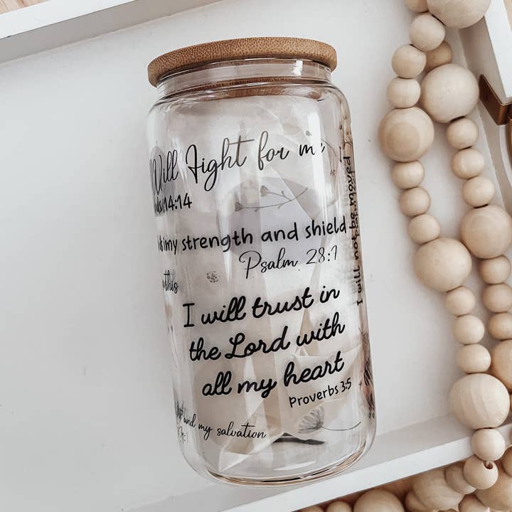 Emma K Designs - Wholesale Drinking Glass/Cup - Christian Affirmation 16oz Glass Cup with Bamboo Lid