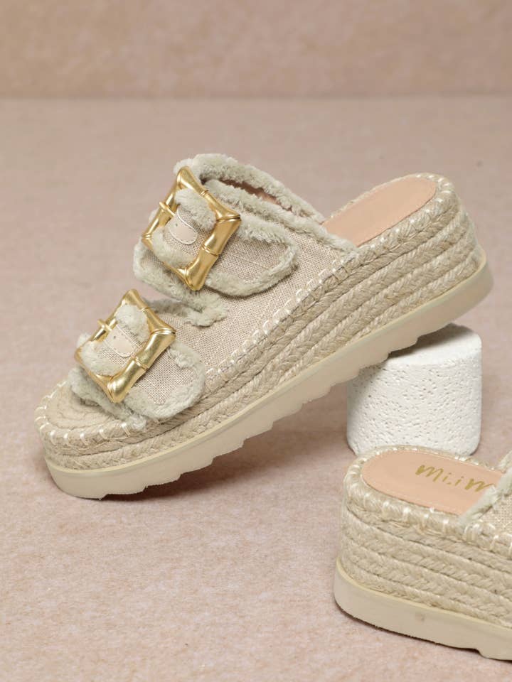 BEIGE SCARLETT DISTRESSED EDGE DOUBLE STRAP WEDGE SANDAL for wholesale on Faire