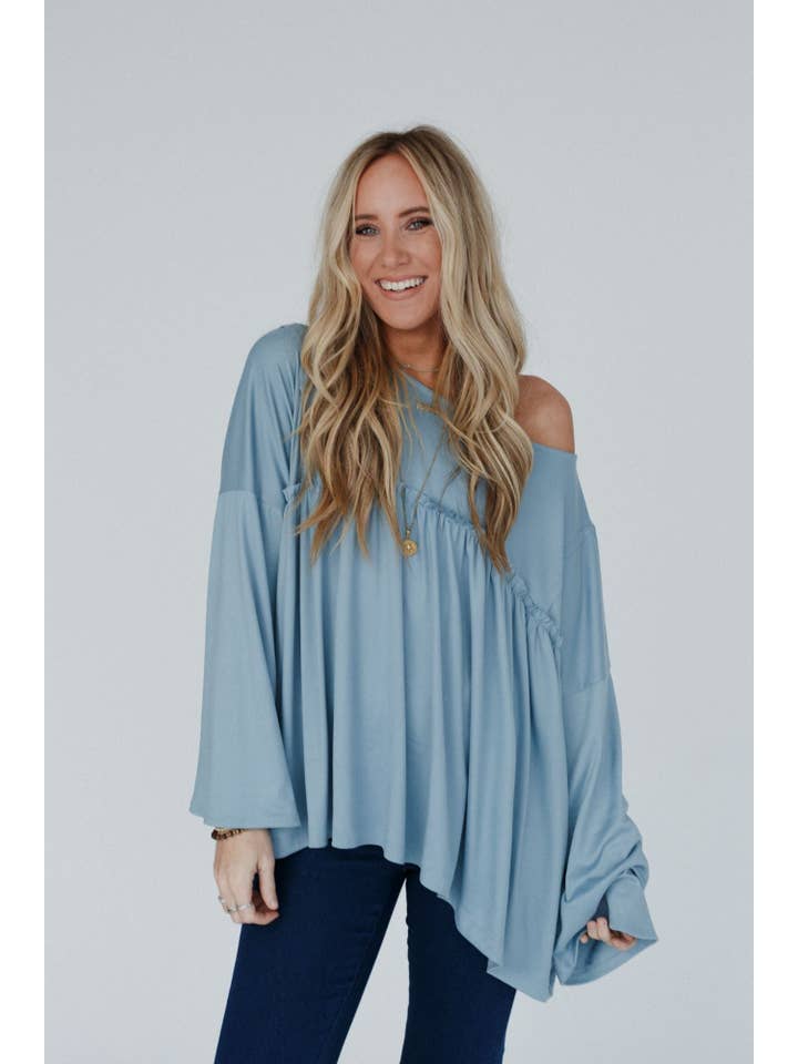 Three Bird Nest - Wholesale Tunic - Women's - Solid Serenity Long Sleeve Babydoll Top - Slate