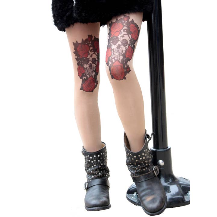 Skull and Roses Tattoo Sheer tights For Women Malka Chic for wholesale by Malka Chic