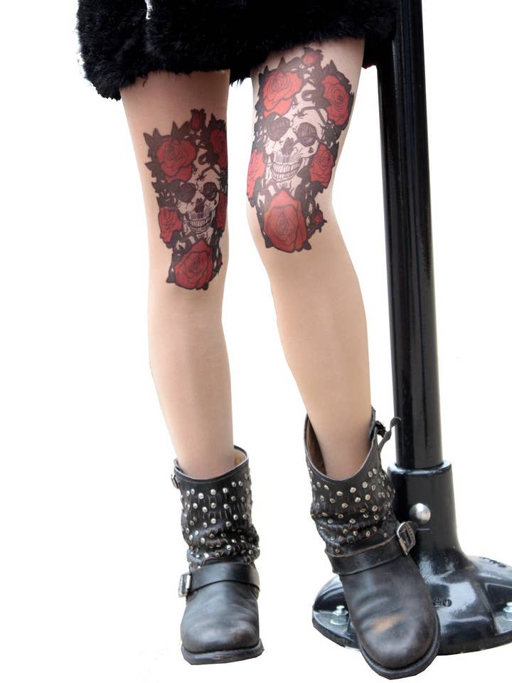 Malka Chic - Vendita all'ingrosso Collant - Donna - Collant velato Tatuaggio Teschio e Rose Per Donne Malka Chic