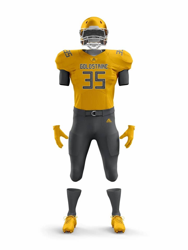 Uniforme de football américain Gold Strike pour la vente par Midfield Apparel LLC
