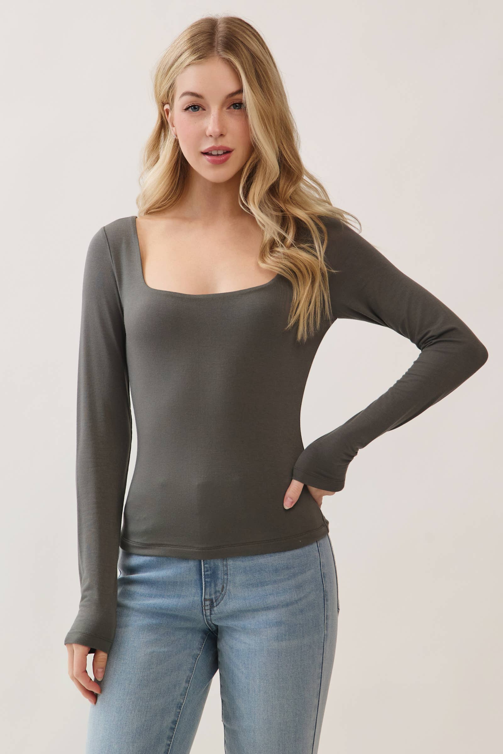Final Touch - Wholesale Knit Top - Women's - Double Layer Square Neck Long Sleeve Top - VT1710941