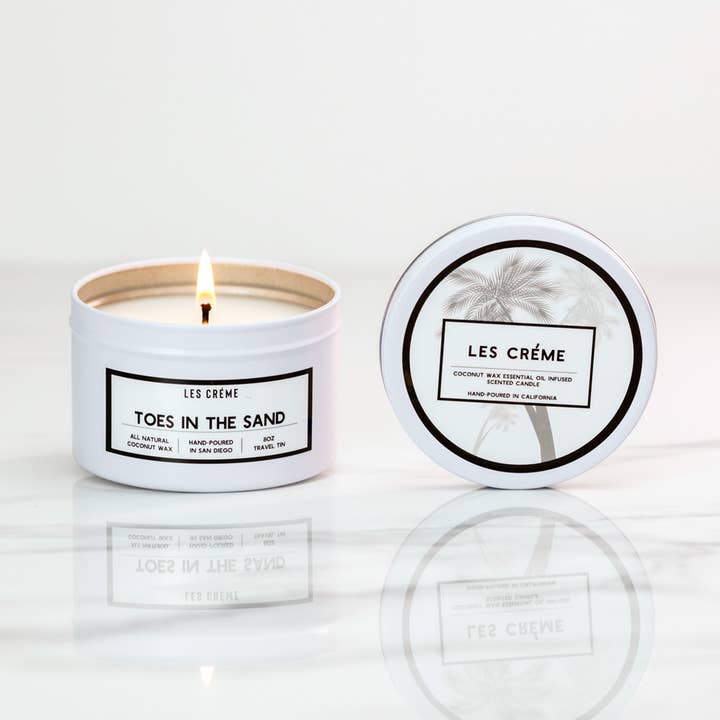 Toes in the Sand Organic Coconut Wax Candle Travel Tin 8 oz for wholesale by Funny Flames Candle Co - Les Creme