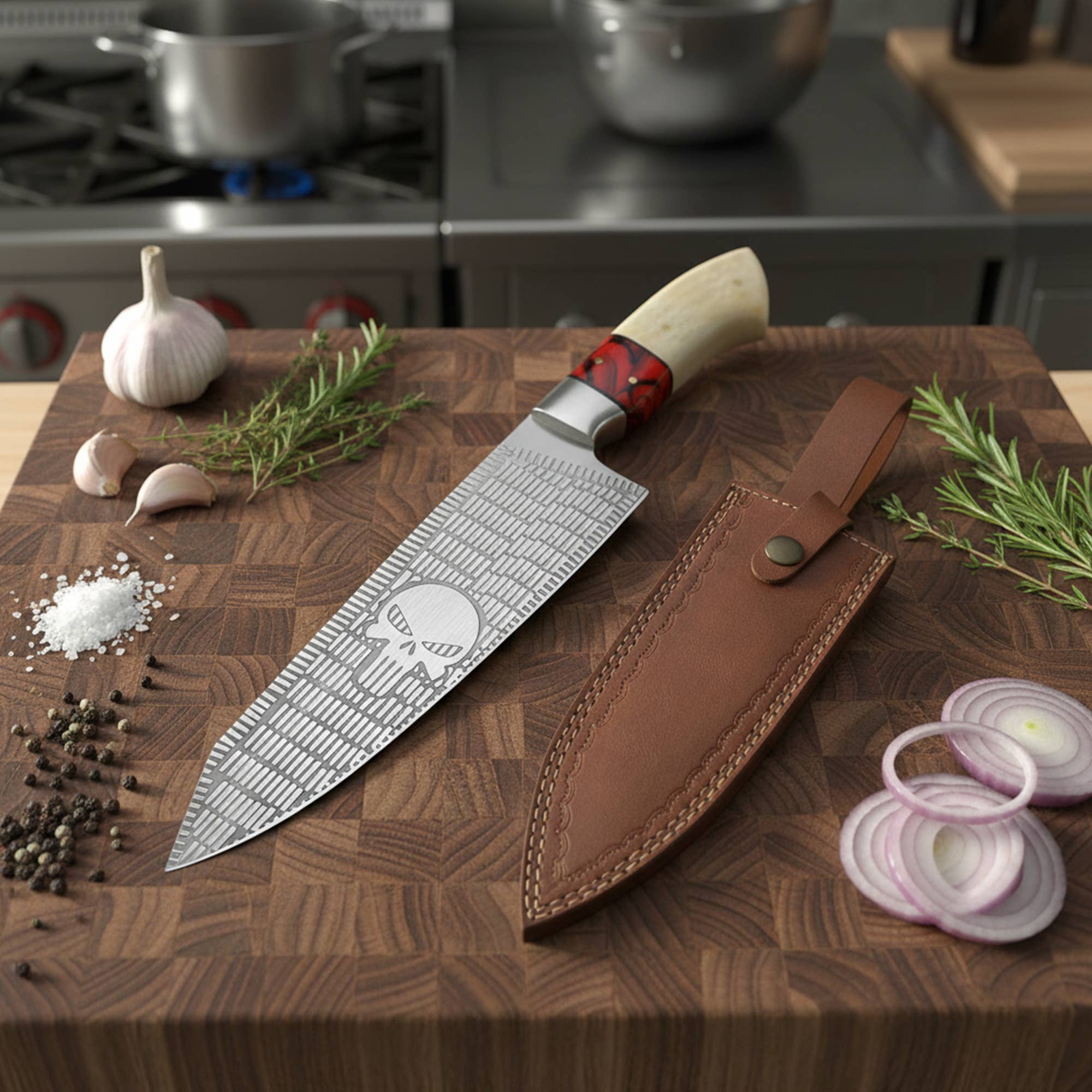 FH KNIVES - Vente Couteau de cuisine/multi-usage - Couteau de chef en acier inoxydable et étui en cuir, couteau de cuisine