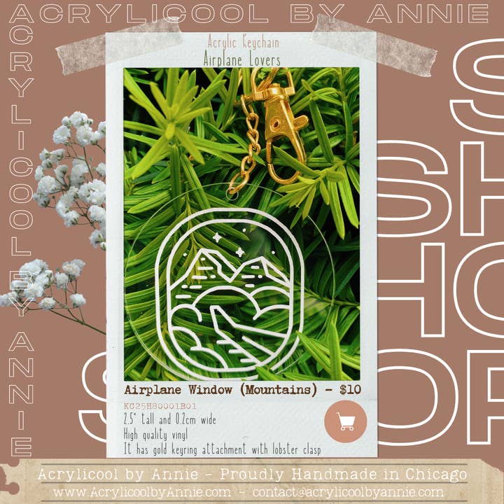 Llavero acrílico de 2.5 pulgadas con ventana de avión (montañas) para venta al por mayor de Acrylicool by Annie