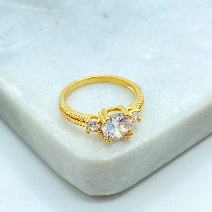 18k Gold Filled Solitaire Ring, Three Stone CZ Engagement Style, Classic Sparkling Band, Dainty Bridal Jewelry for wholesale by Luxus Accessories