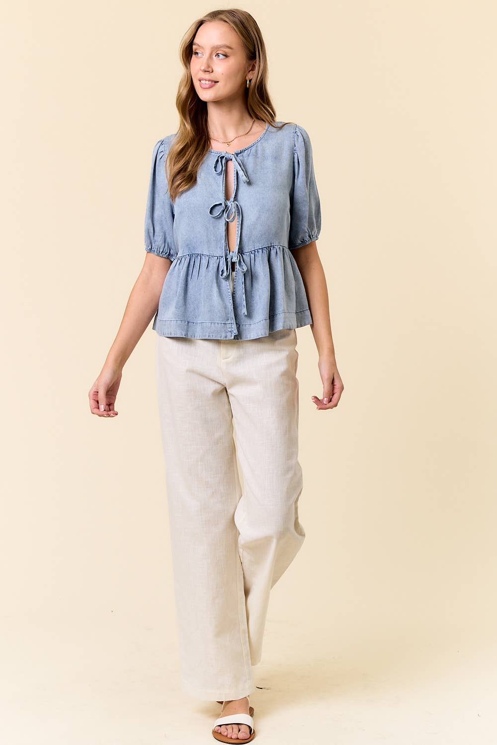 LT DENIM Puff Short Sleeve Bow Tie Front Peplum Top - 44876T for wholesale on Faire4