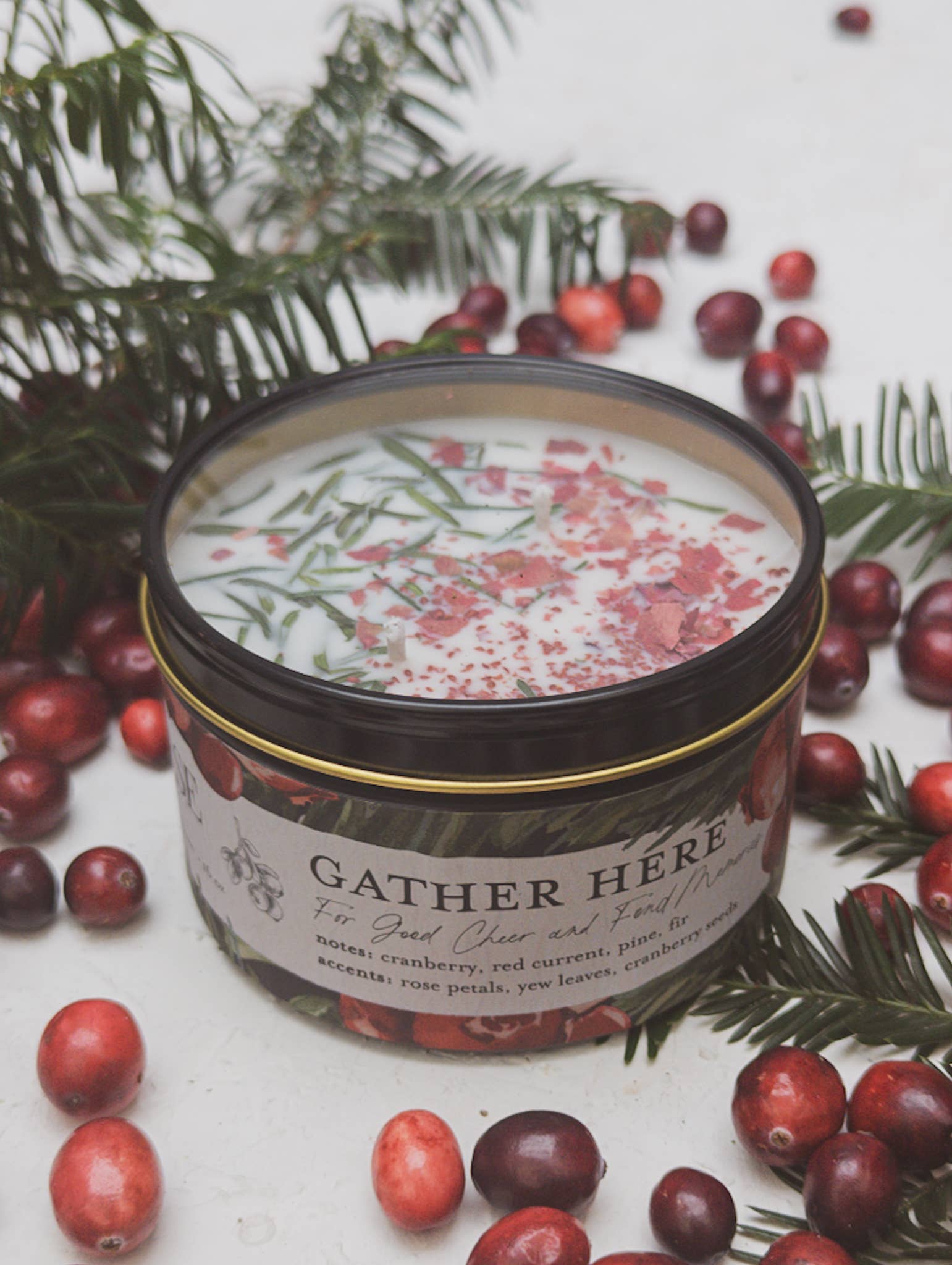 Ash & Rose - Wholesale Jar/filled candle - Gather Here Cranberry Pine Soy Tin Candle Rose Petal Yew2