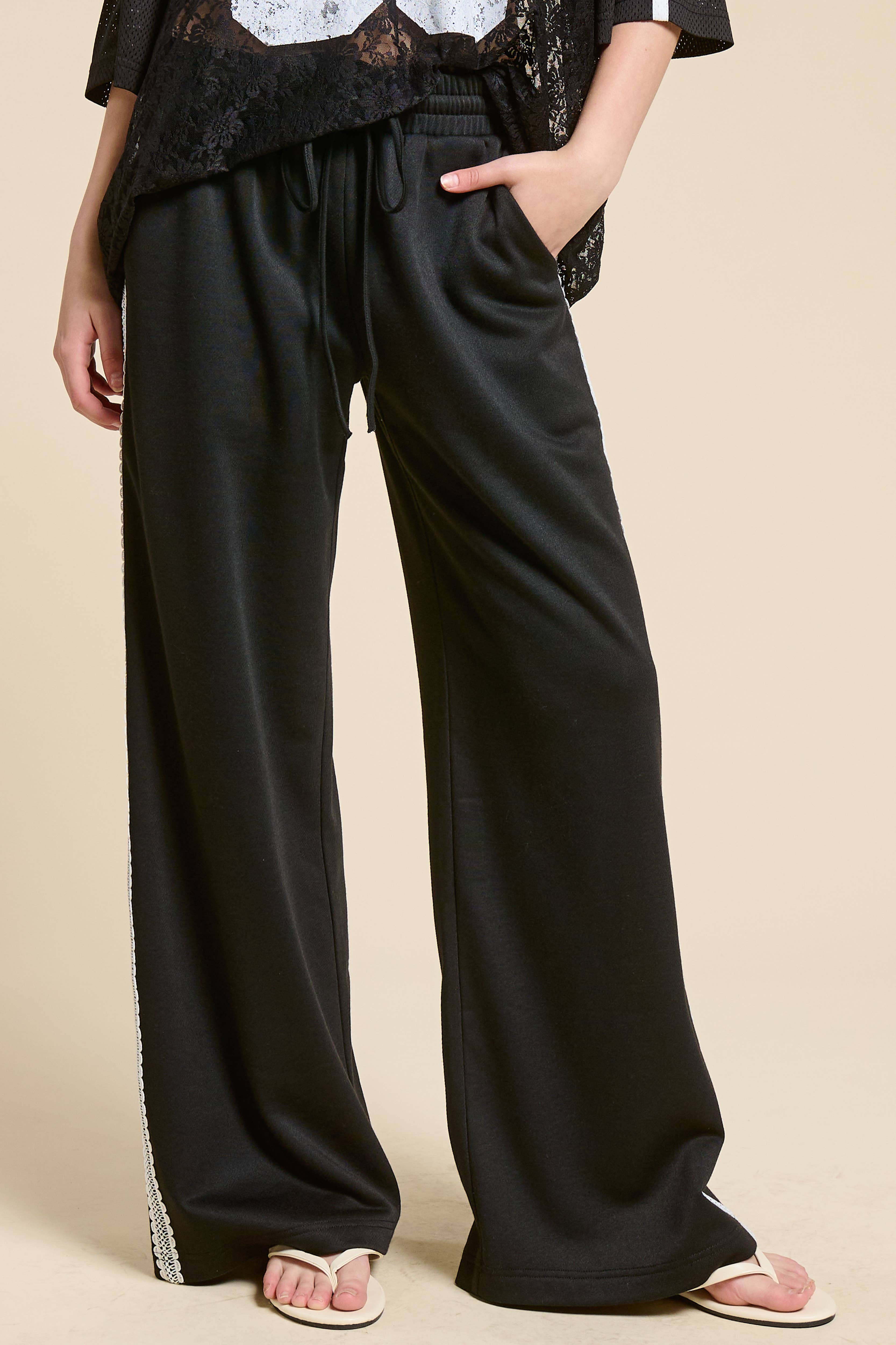 Black Lace Trim Wide Leg Track Pants with Drawstring Waist for wholesale on Faire8
