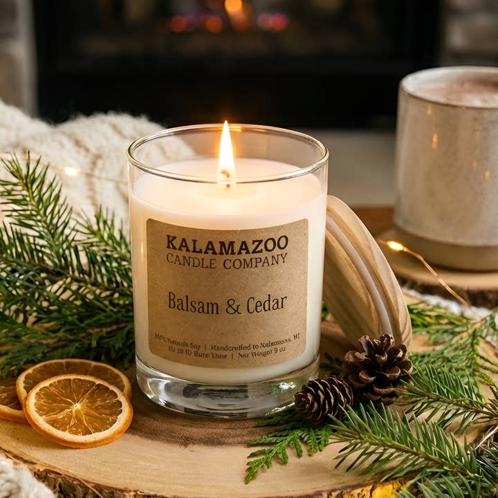 Balsam & Cedar 10oz Jar Soy Candle - Hand-Poured Michigan for wholesale by Kalamazoo Candle Company