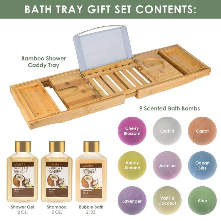 Lovery - Wholesale Bath & Body Set - Bamboo Bathtub Caddy Gift Set - Expandable Tray + Bath Bombs