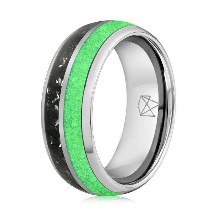 Silver Tungsten Ring - Green Glow & Real Meteorite for wholesale by EMBR