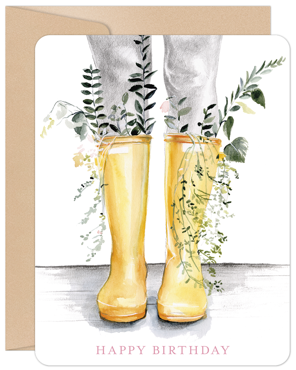 Willow & Ivy Press - Wholesale Birthday Card - Happy Birthday Yellow Rain Boots with Plants Birthday Card0
