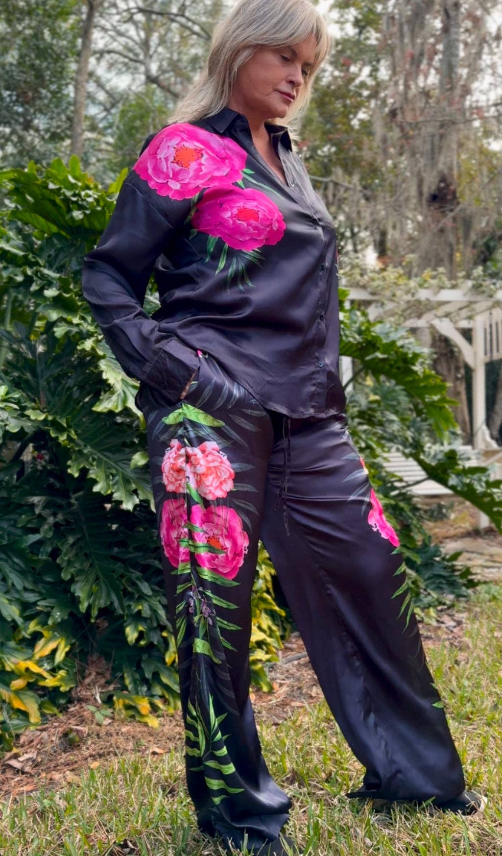 Paryse Style - Wholesale Top & Pant Set (NOT Loungewear) - Women's - Midnight Garden Japanese Silk Set | True 38" Inseam