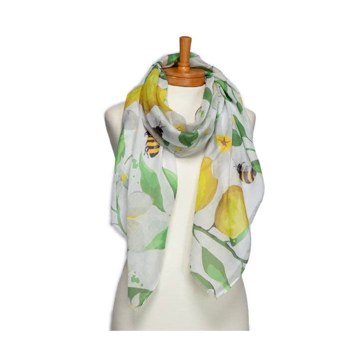 THSS2737: Bianco: sciarpa con limoni e api per la vendita all'ingrosso da parte di Taylor Hill Scarves & Co