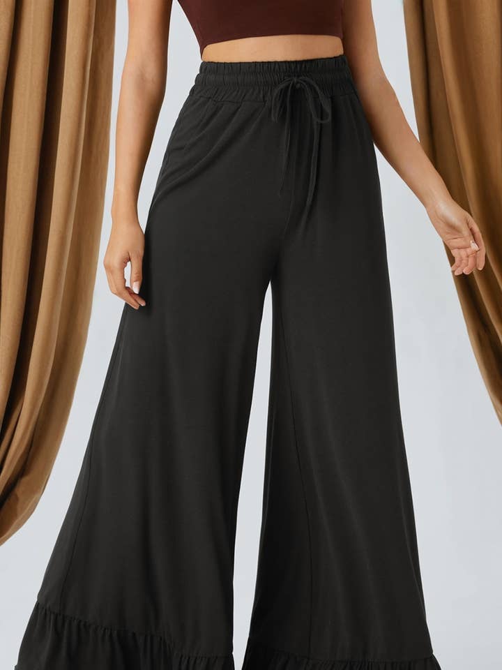 Ruffled Wide Leg Pull On High Waist Pants with Pockets for wholesale by PartyEight