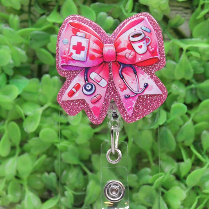 Nurse CNA Doctor Pink Bow Badge Reel for wholesale by Hylidae Boutique