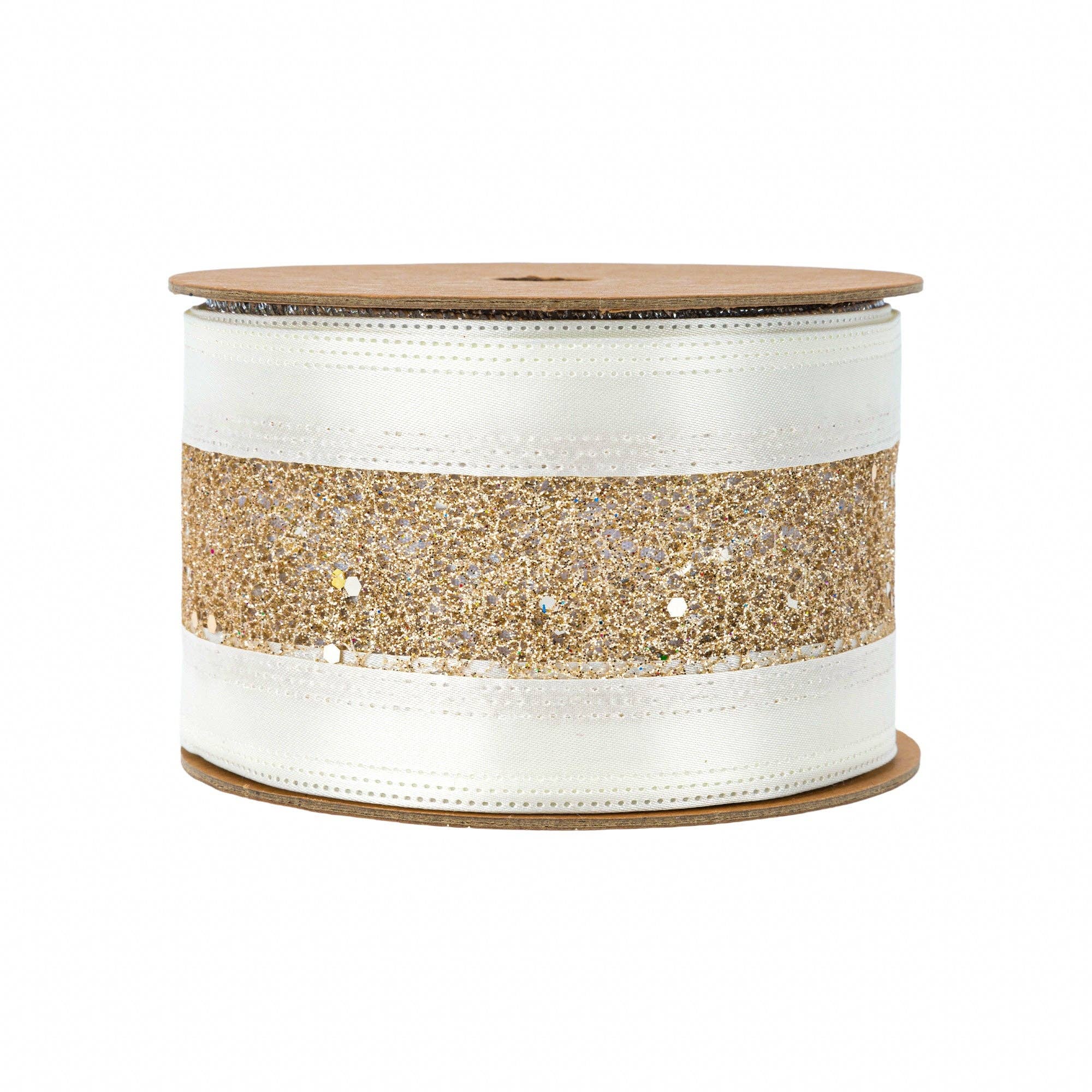 LA Ribbons Wholesale - Vente Ruban – emballage cadeau - Ruban câblé 2 1/2" | Maille dorée avec bordure en satin blanc | Rouleau de 10 yards4