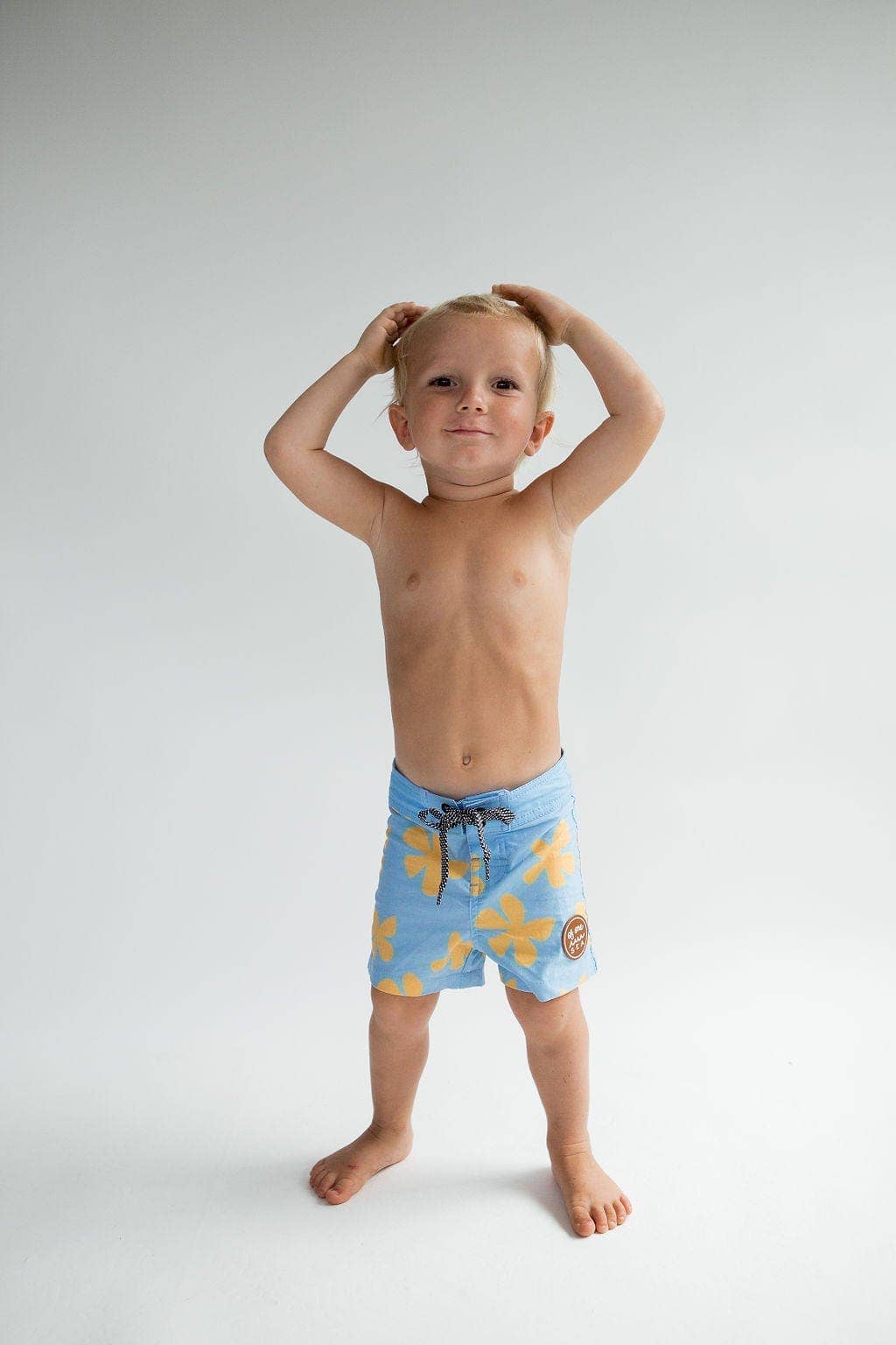 Kid’s Townshort Boardshorts in Light Blue Plumeria for wholesale on Faire1