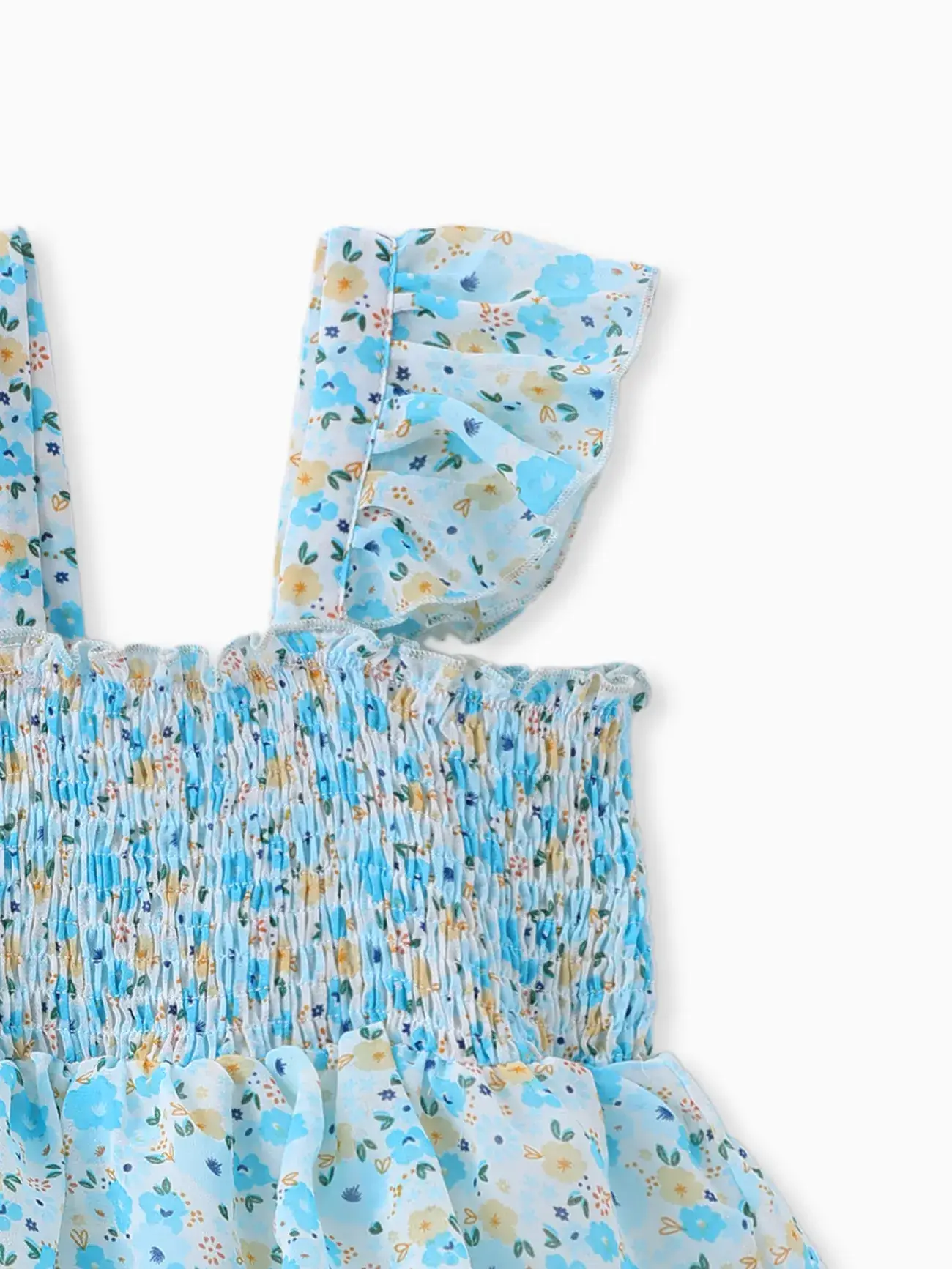 Blå Småbarnsflicka Söt Blommig Smockad Volangärmlös Klänning för wholesale på Faire1