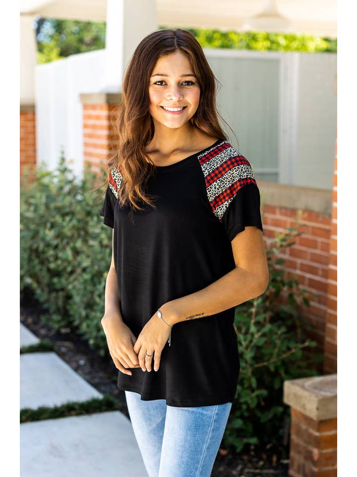 Mix Pattern You Can't Sleeve Me Alone Black Short Sleeves T-Shirt with Leopard and Red Checkers for wholesale on Faire