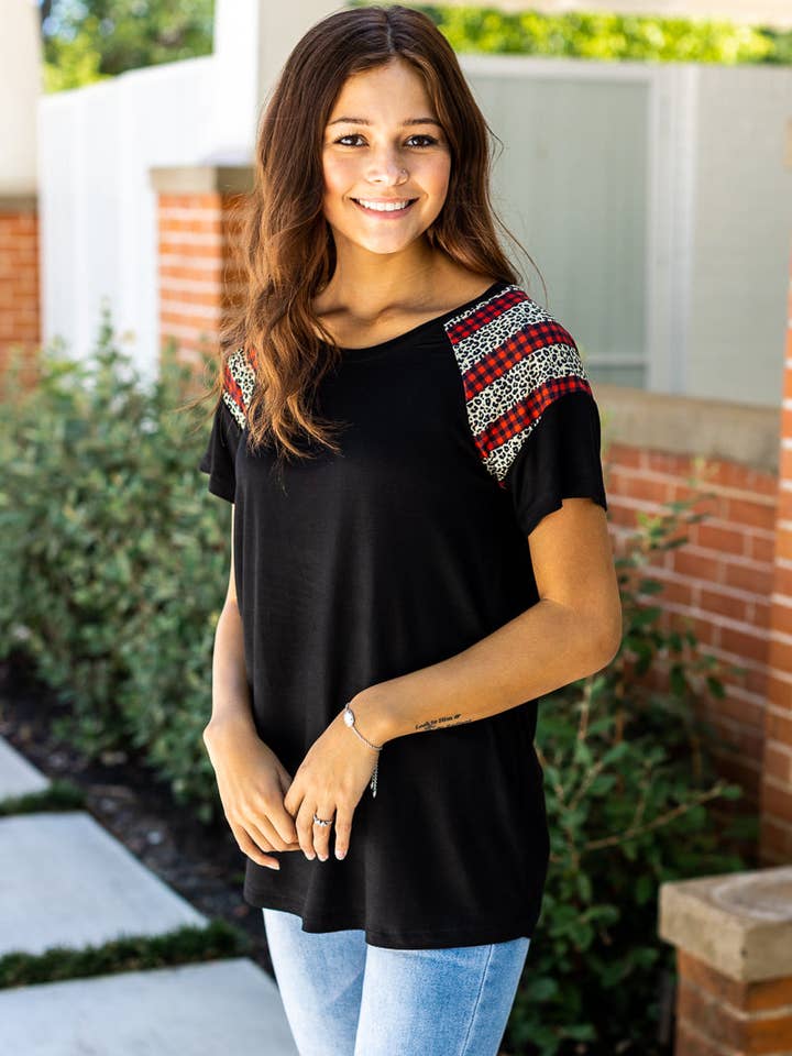 Mix Pattern You Can't Sleeve Me Alone Black Short Sleeves T-Shirt with Leopard and Red Checkers for wholesale on Faire0