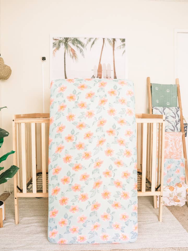 Aloha Floral Tiare Hawaii Collab Crib Sheet for wholesale by Kahakai Kids Collection