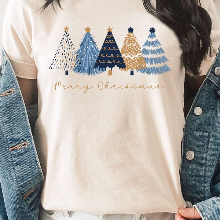 PLUS Blue & Gold Merry Christmas Trees Graphic Tee for wholesale by Kissed Apparel
