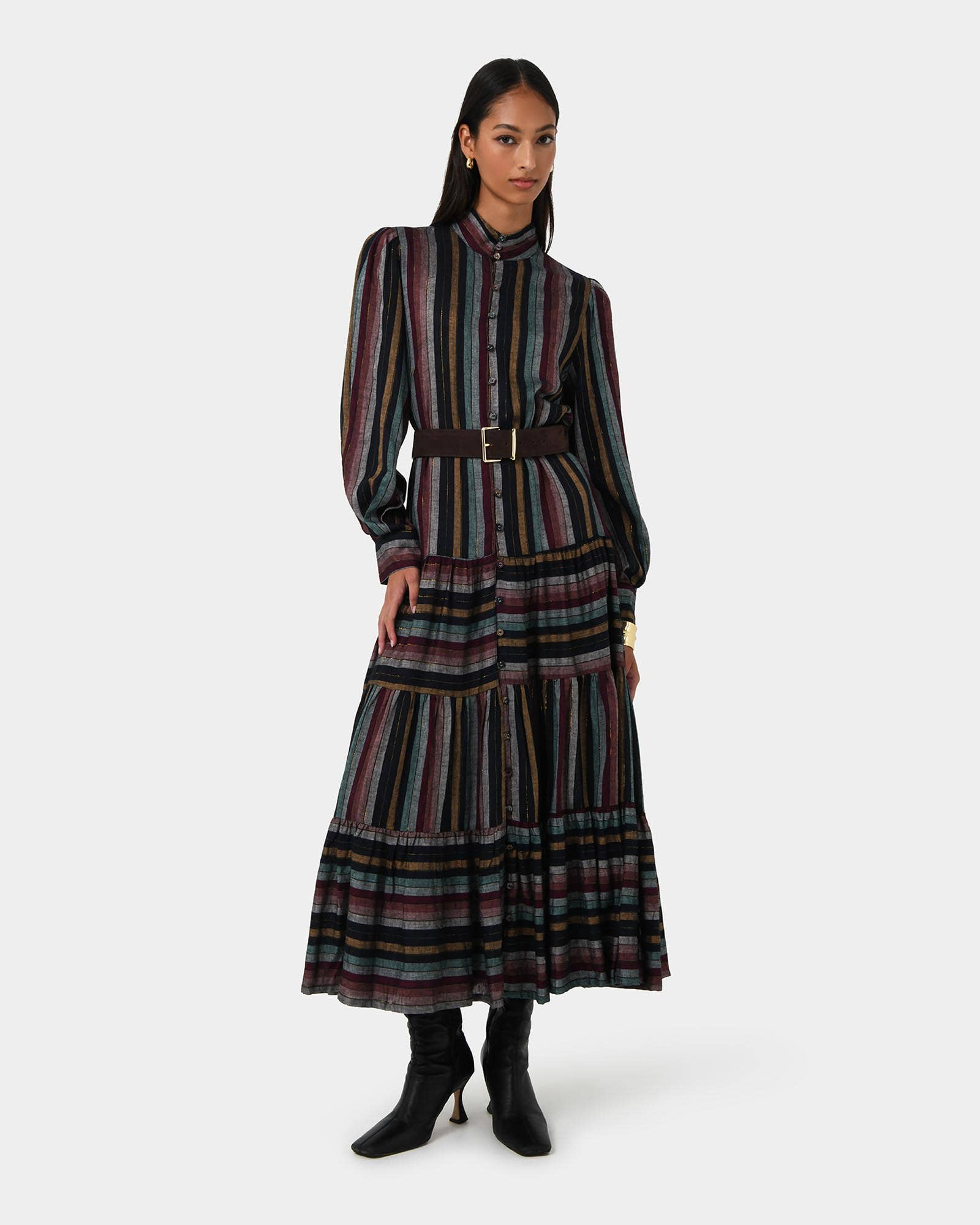 Vintage Stripe Forcast Women's Roxana Linen Tiered Maxi Dress for wholesale on Faire