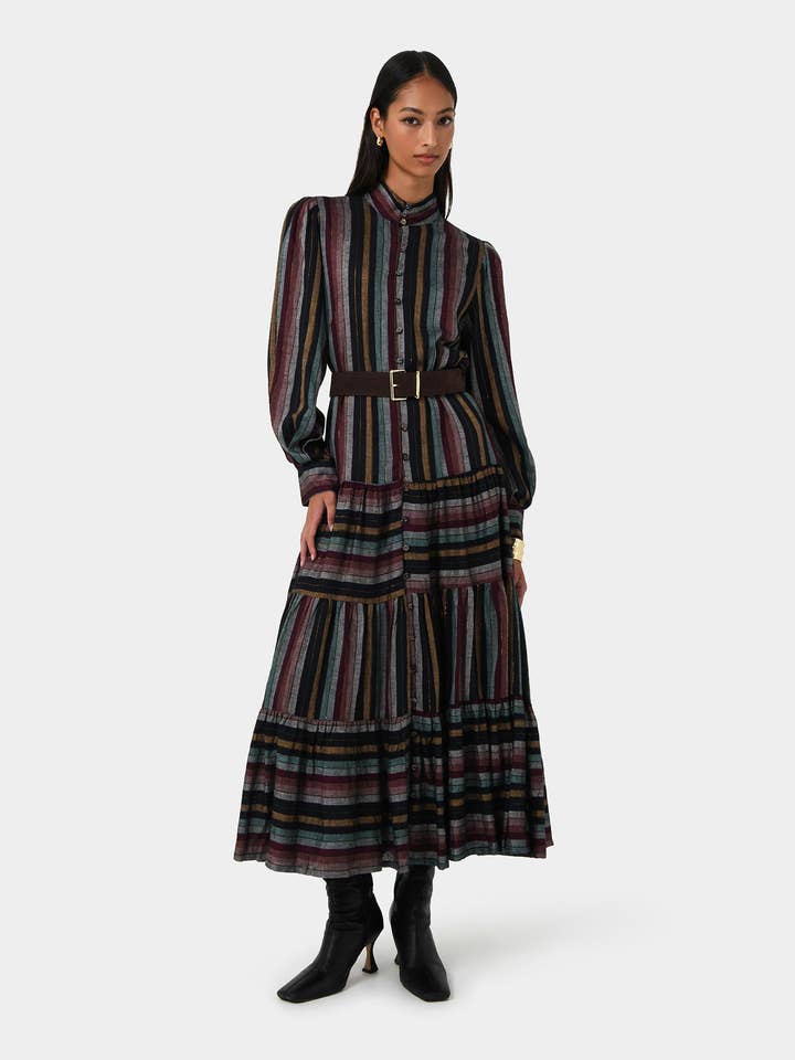Vintage Stripe Forcast Women's Roxana Linen Tiered Maxi Dress for wholesale on Faire0