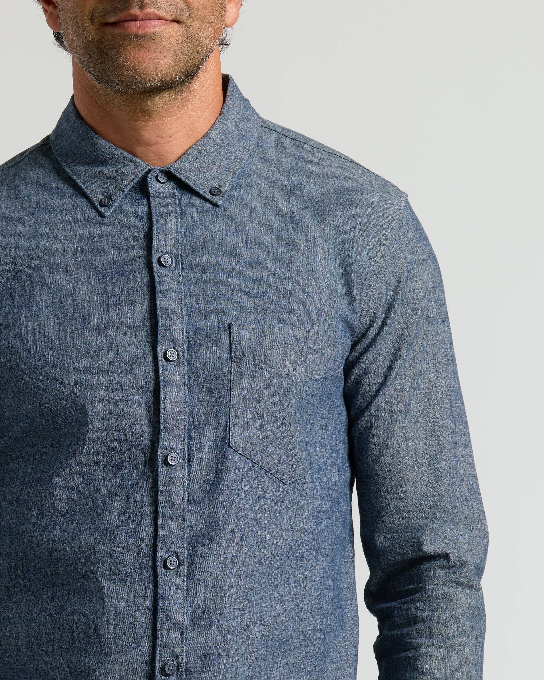 True Classic - Wholesale Button Down Shirt - Men's - Medium Indigo Wash Long Sleeve Chambray Shirt3