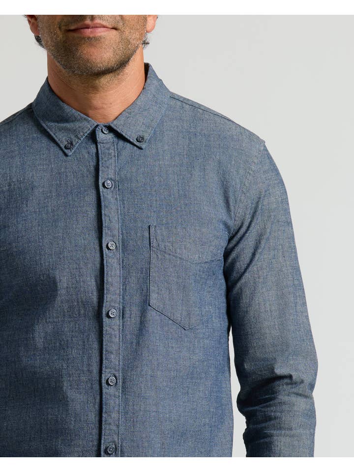 True Classic - Wholesale Button Down Shirt - Men's - Medium Indigo Wash Long Sleeve Chambray Shirt3