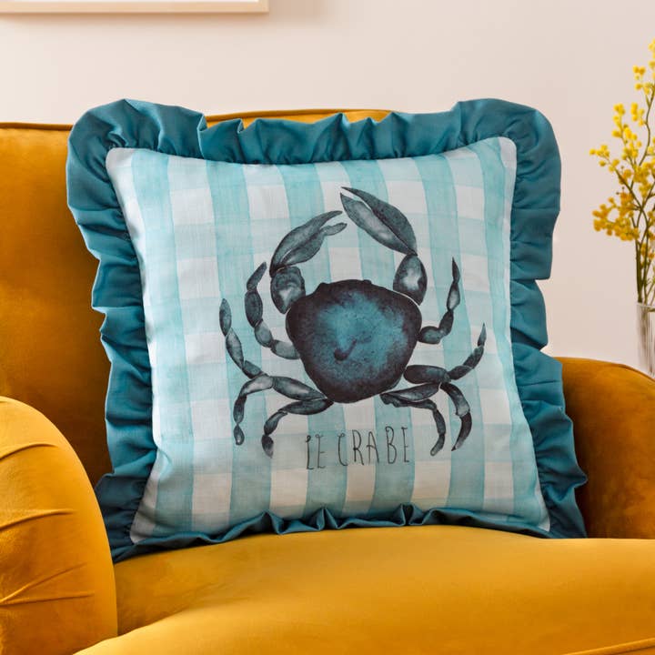 Gingham Crab Printed Ruffle Cushion Blue for wholesale by Riva Home