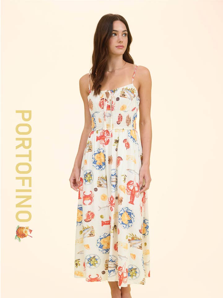 IVORY MULTI SEASIDE LUNCH PRINT SPAGHETTI STRAP MIDI DRESS for wholesale on Faire