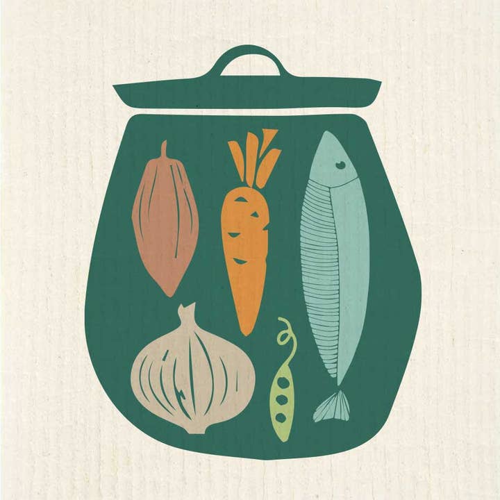 Green Pot with Fish & Veggies Swedish Dishcloth for wholesale by Potluck Press