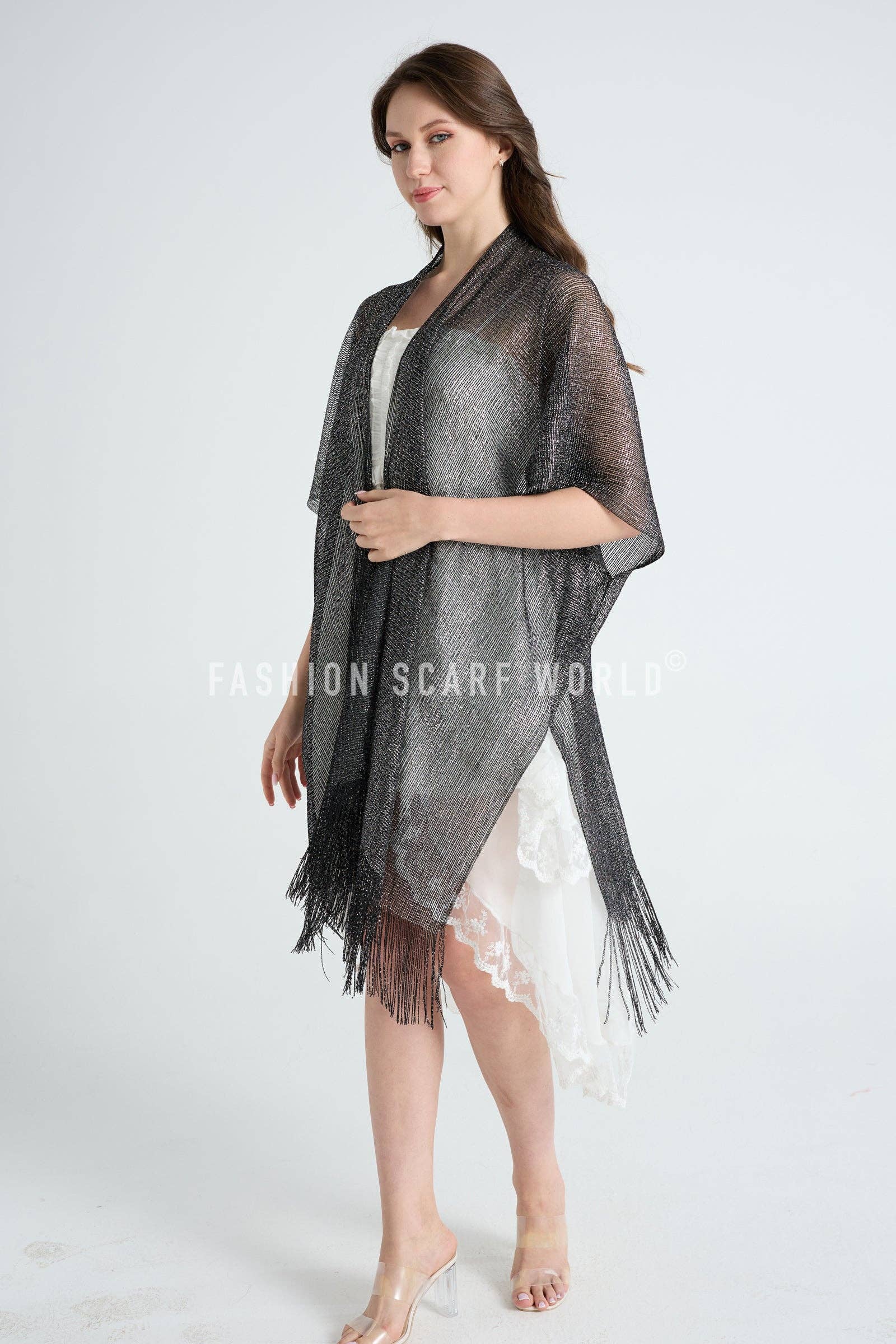 Fashion Scarf World – wholesale Swim cover-up – Women’s – Metallic Thread Tassel Edge Kimono / Coverup7
