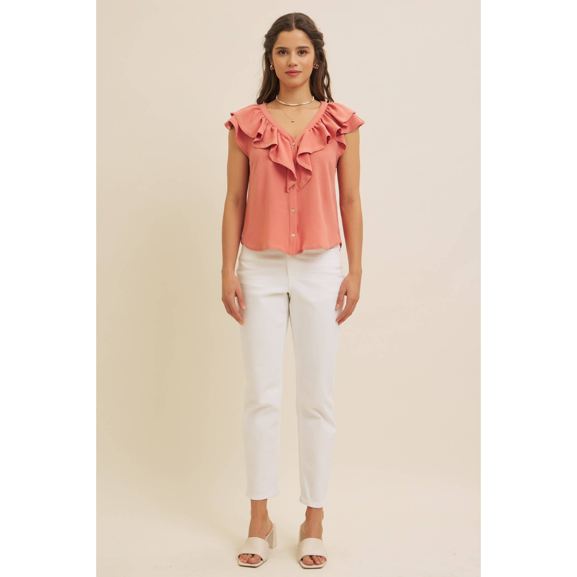 in february - Wholesale Blouse - Women's - RUFFLE BLOUSE TOP WITH BUTTON-DOWN FRONT AND CONTRAST STITCH6