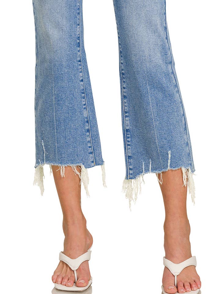 "._ Medium Washed Kick Crop Flare Denim Pants for wholesale on Faire6