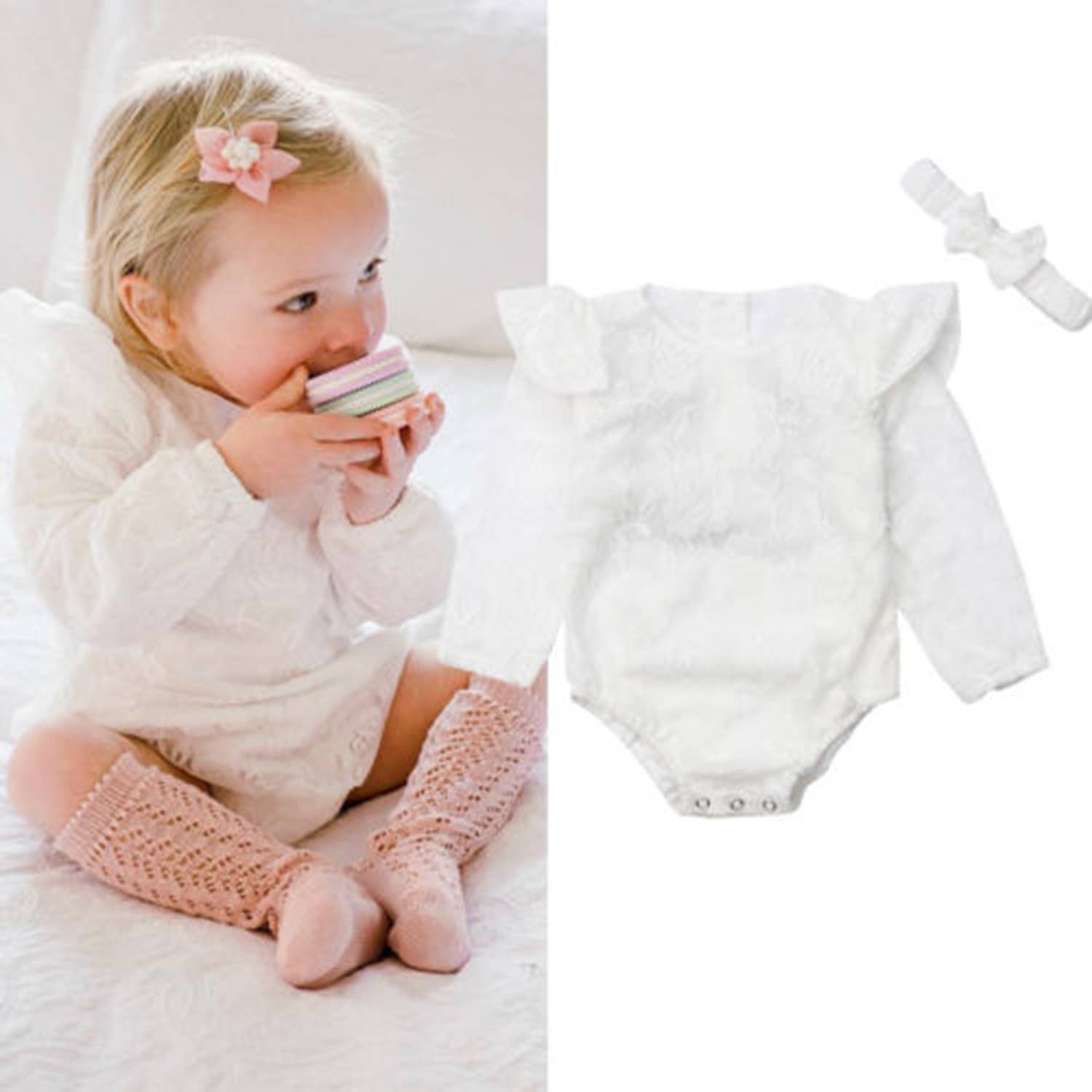 Fennco Styles - Wholesale Clothing Set - Baby - White Baby Romper & Headband 2