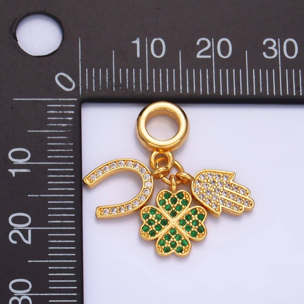 Aim Eternal – wholesale Individual charm/pendant – 24K Gold Filled CZ Micro Paved Horse Shoe, Four Leaf Clover, Hamsa Hand Rhondelle Drop Lucky Charms | W4211