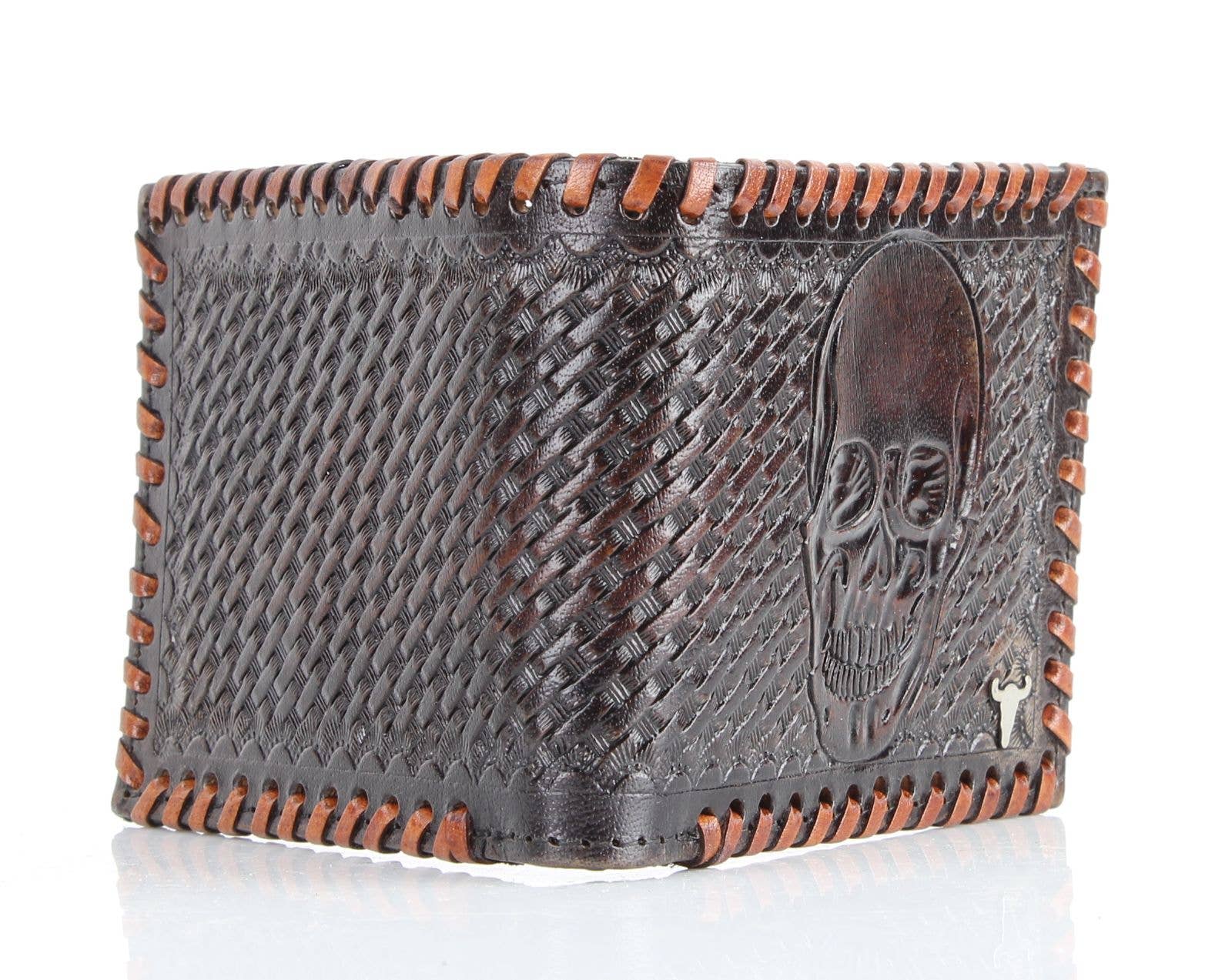Leather Impressions Inc – Carteira – Homem por atacado – Carteira Americana Bison Lace Edge Pele Tooled Caveira Bifold8